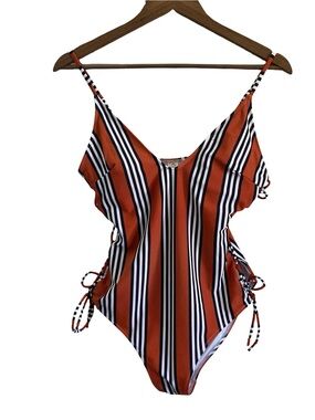 Cupshe One Piece Bathing Suit Burnt Orange, Black Stripe Woven Tie Sides